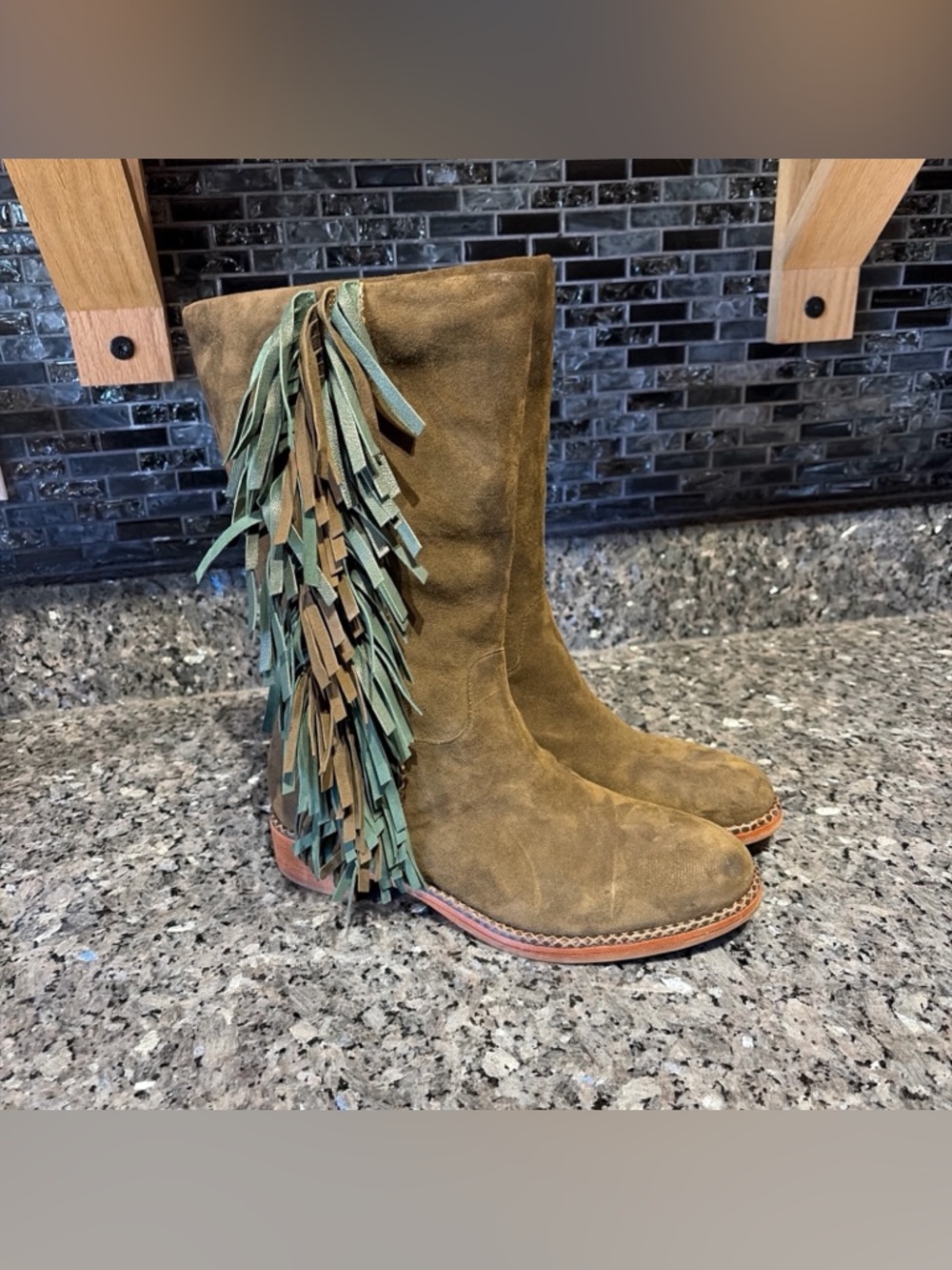 Via Spiga Green Suede Fringe Western festival Pull On Boots Size 8.5